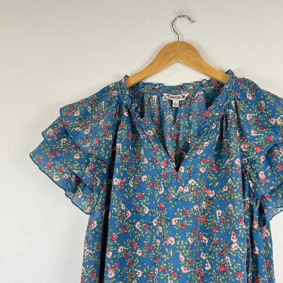 Nanette Lepore Blue Floral Ruffle Sleeve V-Neck Blouse Top Womens XL RN 103715 - Picture 10 of 14
